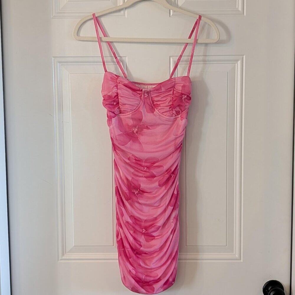 SHEIN Pink Mesh Ruched Bodycon Mini Dress Floral XS Coquette Y2K Fairy